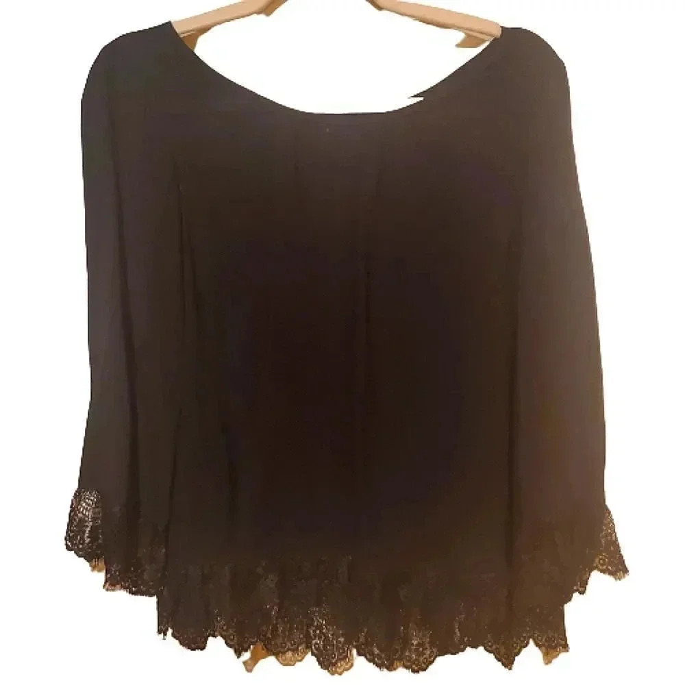 VELVET black 3/4 sleeve top with lace at cuff and hem Size Small